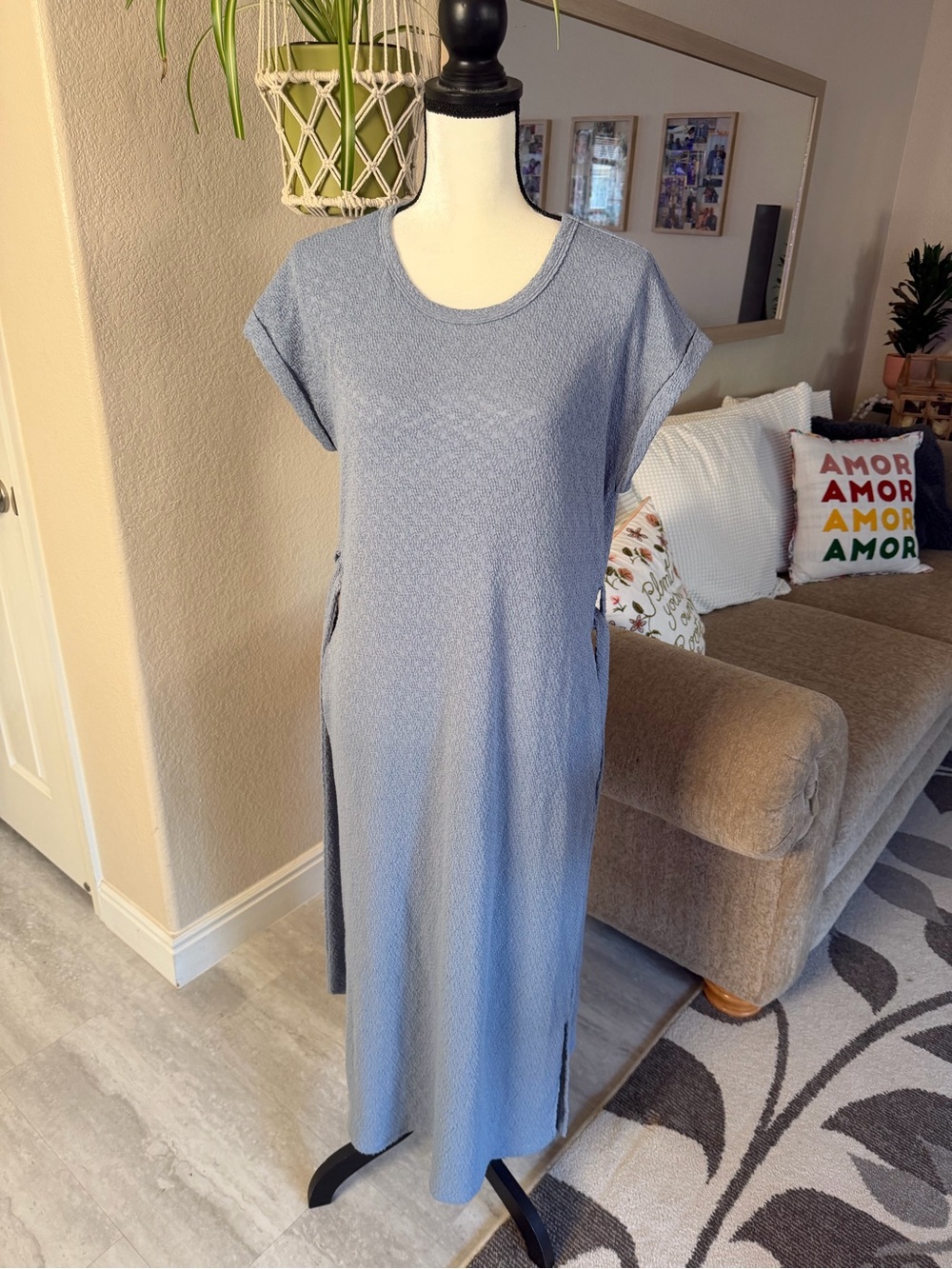 Bobeau Light Blue Belted Textured Short-Sleeve Midi Dress with Side Slits